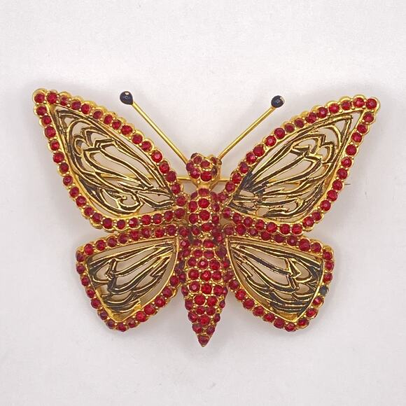RARE 1940s VOGUE JEWELRY Butterfly Vintage Brooch Gold Tone Red Color Crystals - Picture 1 of 12